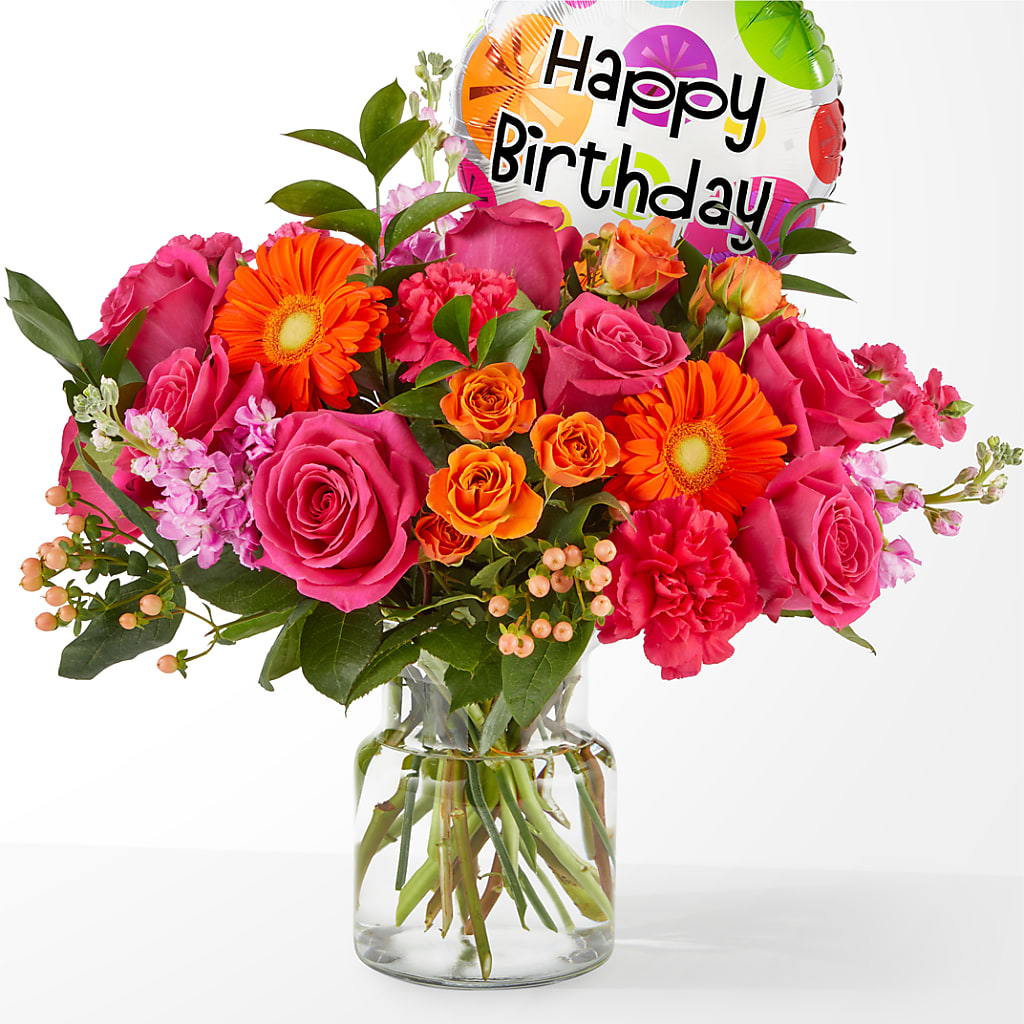 Fiesta Bouquet with Birthday Balloon – What A Flowers, Lawrenceville GA
